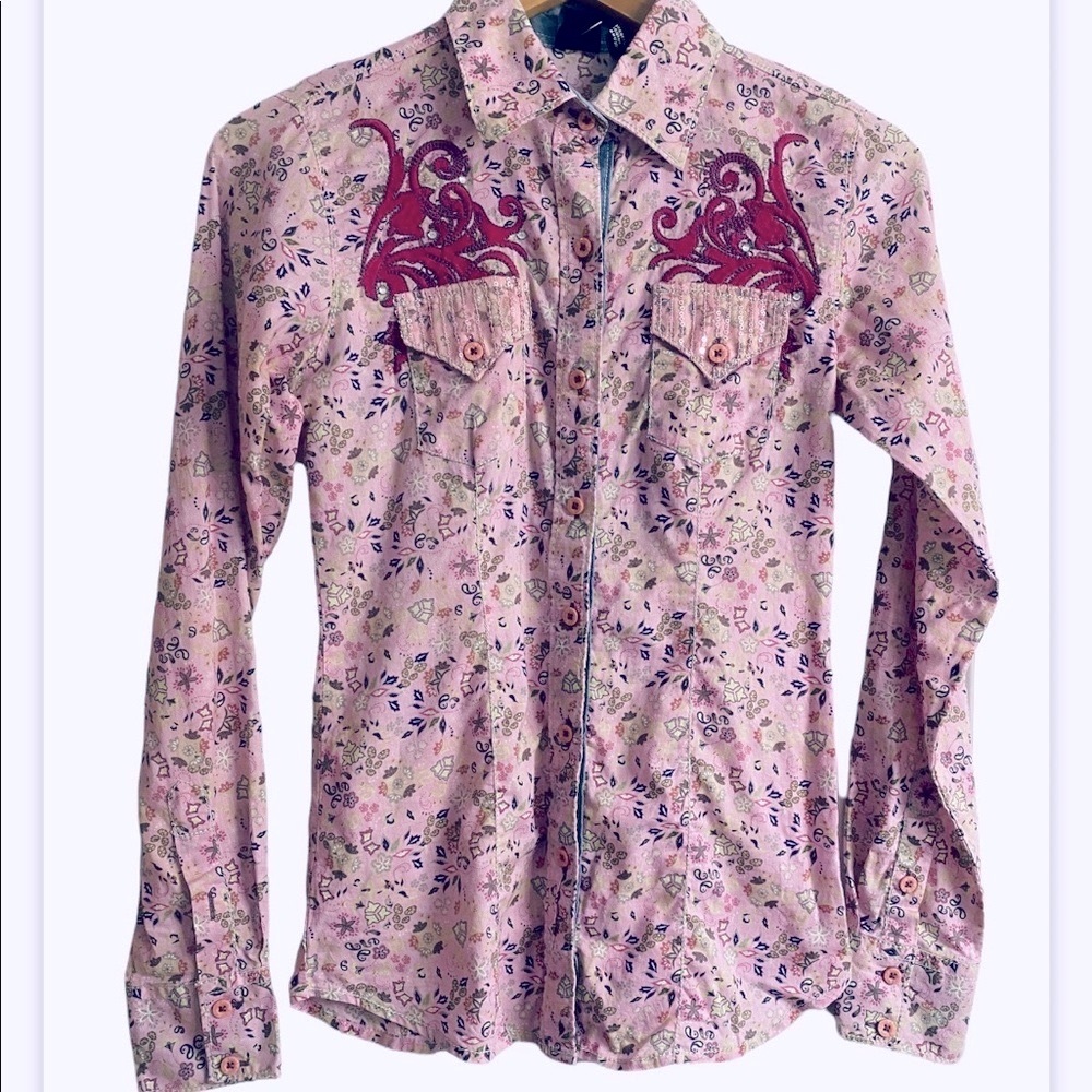 Y2K Cruel girl button down vintage blouse embroidered with rhinestone cowgirl.